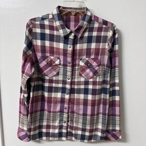 Kuhl Tess Flannel Shirt Womens‎ S/M Fuchsia Navy Plaid Snap Front Long Sleeve